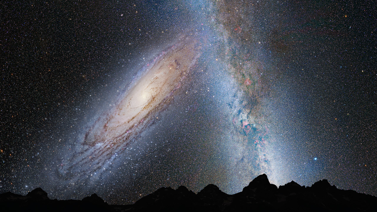 约37.5亿年后仙女座与银河系星系的夜空图 图片来源：Wiki